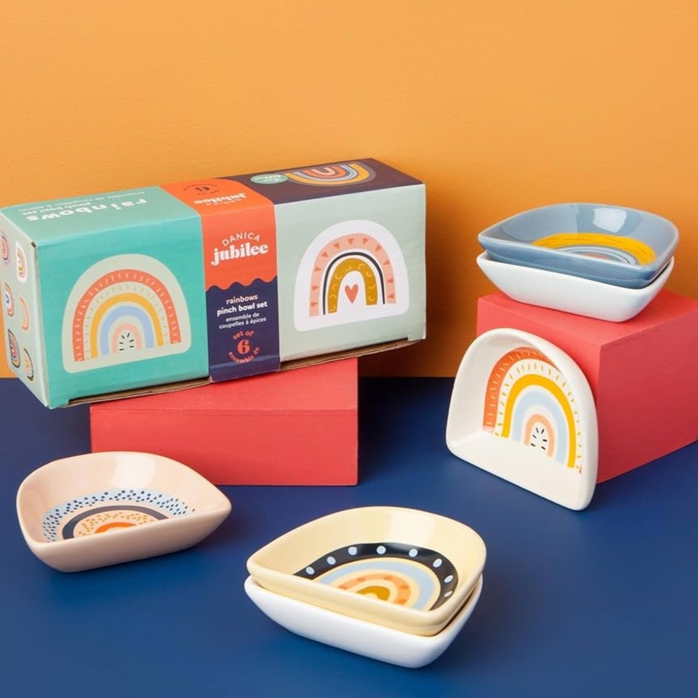 RAINBOWS pinch bowls set/gift box/2oz stoneware/6 different designs/colors-NIB